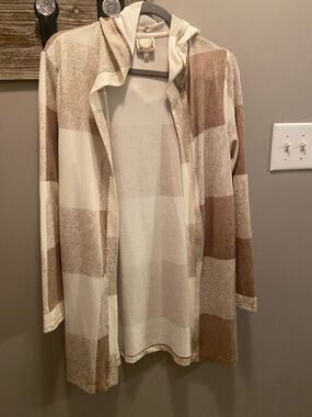 Open-Front Hooded Checker Cardigan in Cream and Brown